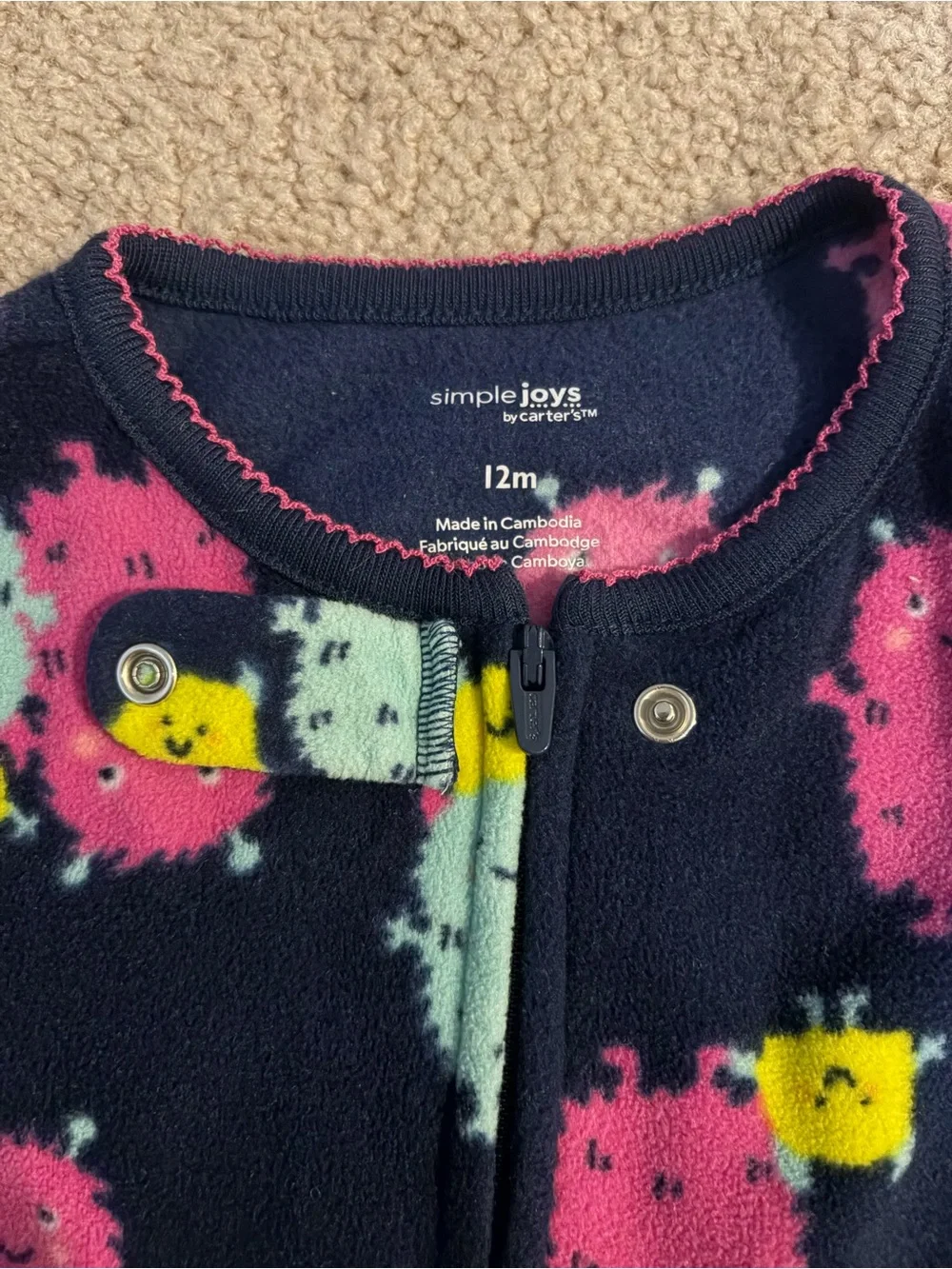 Carter's Navy Footed Pajama Set with Pink Aqua and Yellow Monsters